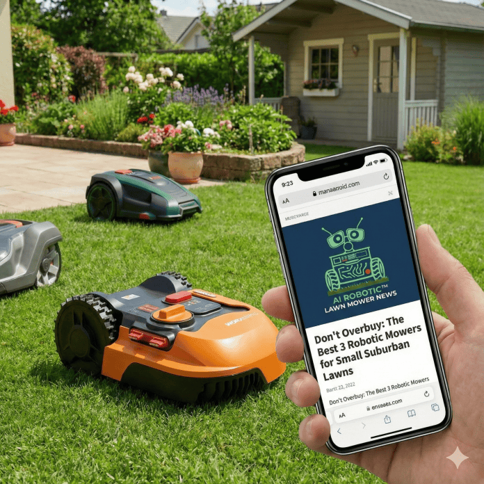A person holds a smartphone displaying a robotic mowers news article while robotic lawn mowers trim suburban lawns in front of a house with a garden.