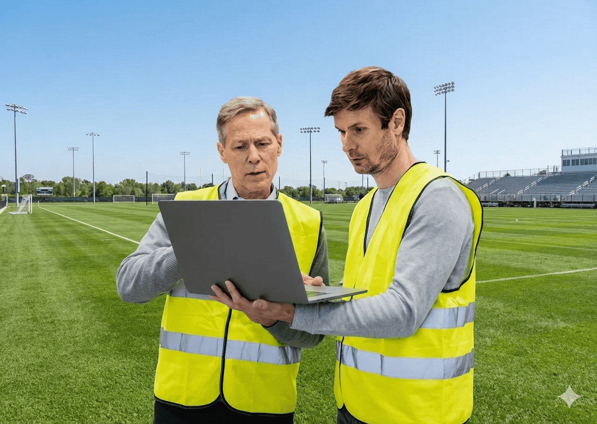 Two men in yellow safety vests stand on a soccer field at a sports complex, looking at a laptop. The empty field, with goals and stadium seating under a clear sky, suggests they may be discussing fleet management or Husqvarna EPOS solutions.