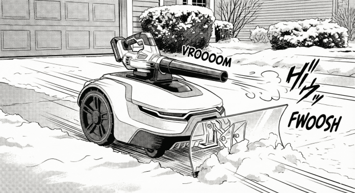 A small, futuristic robot with a plow and snow blower attachment clears snow from a driveway, leaving tidy tracks. Sound effects “VROOOOM” and “FWOOSH” highlight its movement in a snowy suburban setting—perfect for any Yarbo review.