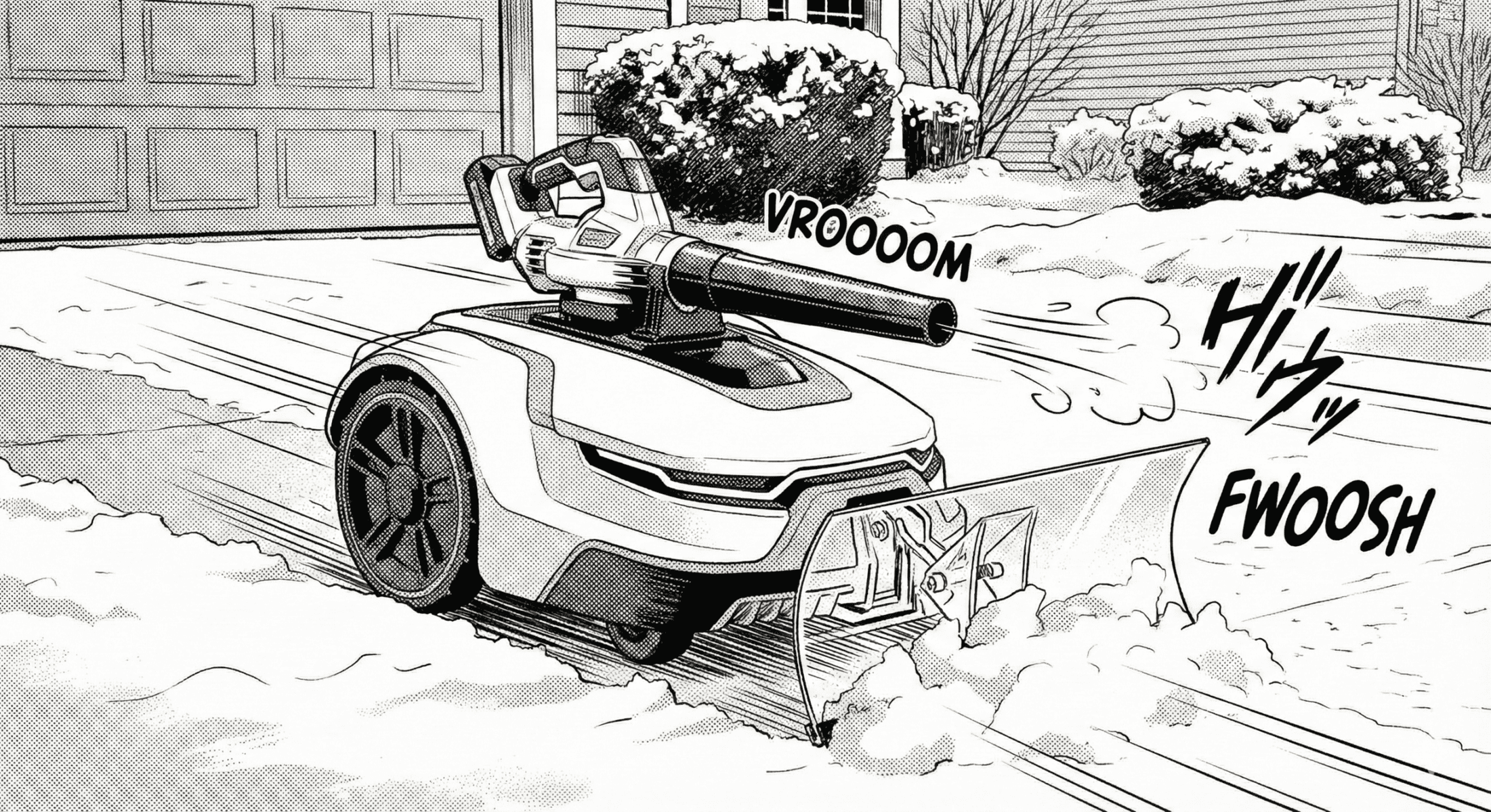 A small, futuristic robot with a plow and snow blower attachment clears snow from a driveway, leaving tidy tracks. Sound effects “VROOOOM” and “FWOOSH” highlight its movement in a snowy suburban setting—perfect for any Yarbo review.