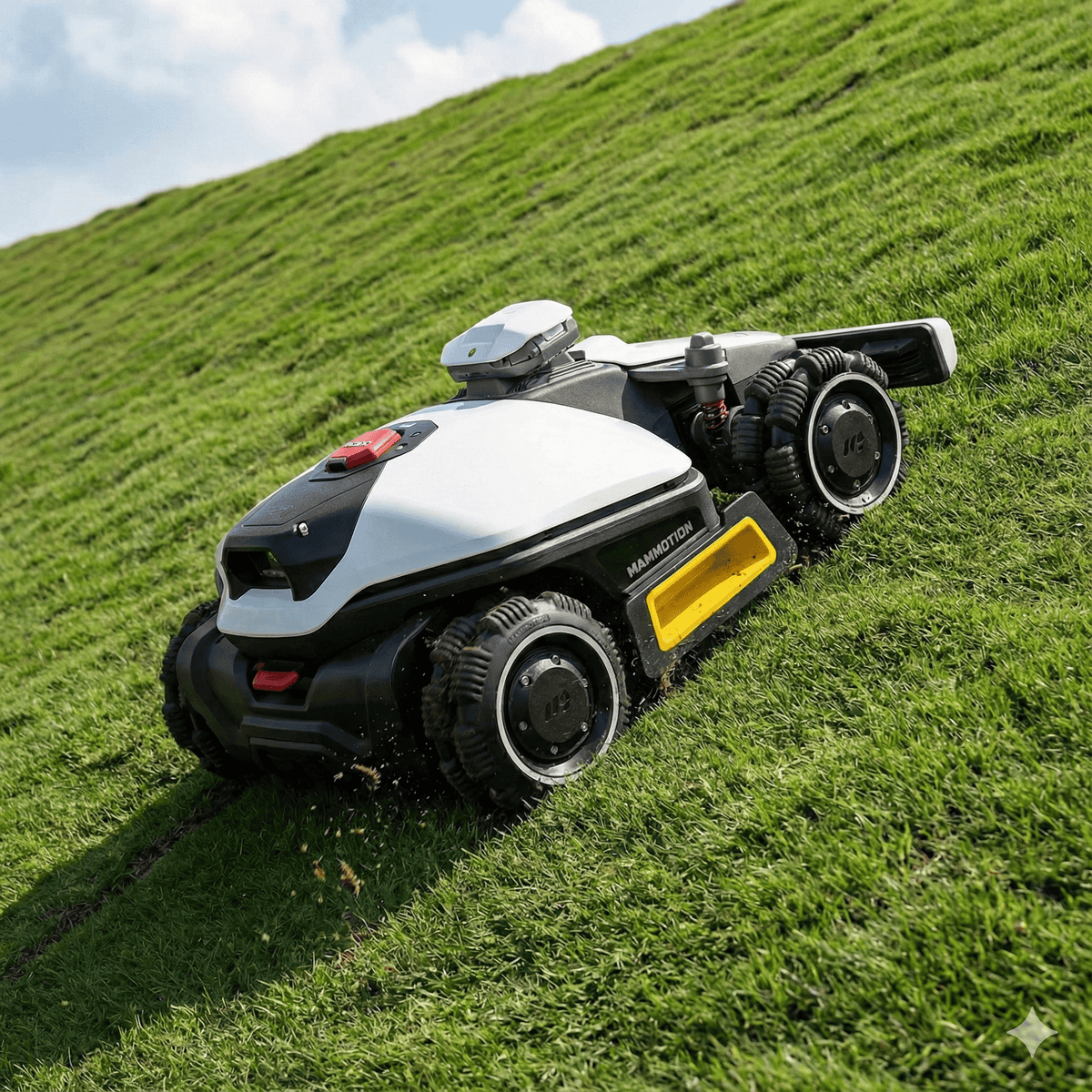 The Luba 2 AWD robotic lawn mower, with its white and black body and yellow accents, operates smoothly on steep hills, expertly cutting grass as it moves upwards—ideal for complex yards.