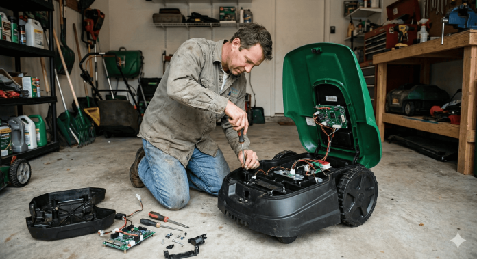 A man kneels on a garage floor, using a screwdriver to fix the exposed interior of a robotic mower with bad edges, surrounded by tools and parts. Shelves with various items are visible in the background.