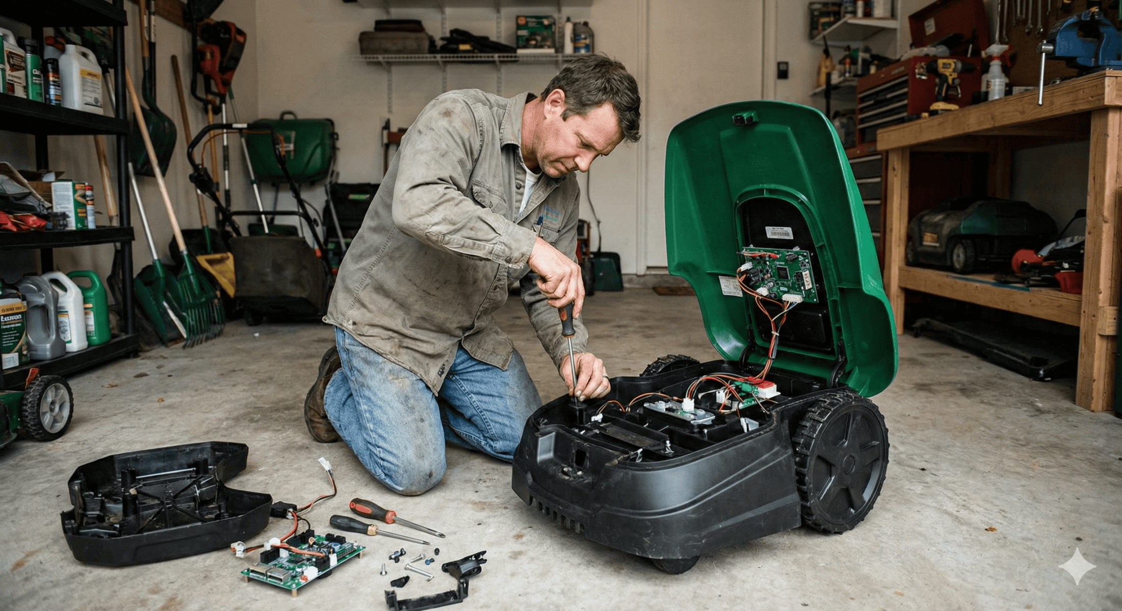 A man kneels on a garage floor, using a screwdriver to fix the exposed interior of a robotic mower with bad edges, surrounded by tools and parts. Shelves with various items are visible in the background.