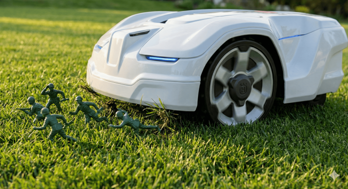 A white robot mower moves on grass, approaching a group of toy soldiers lying on the ground—a playful test for this advanced device.