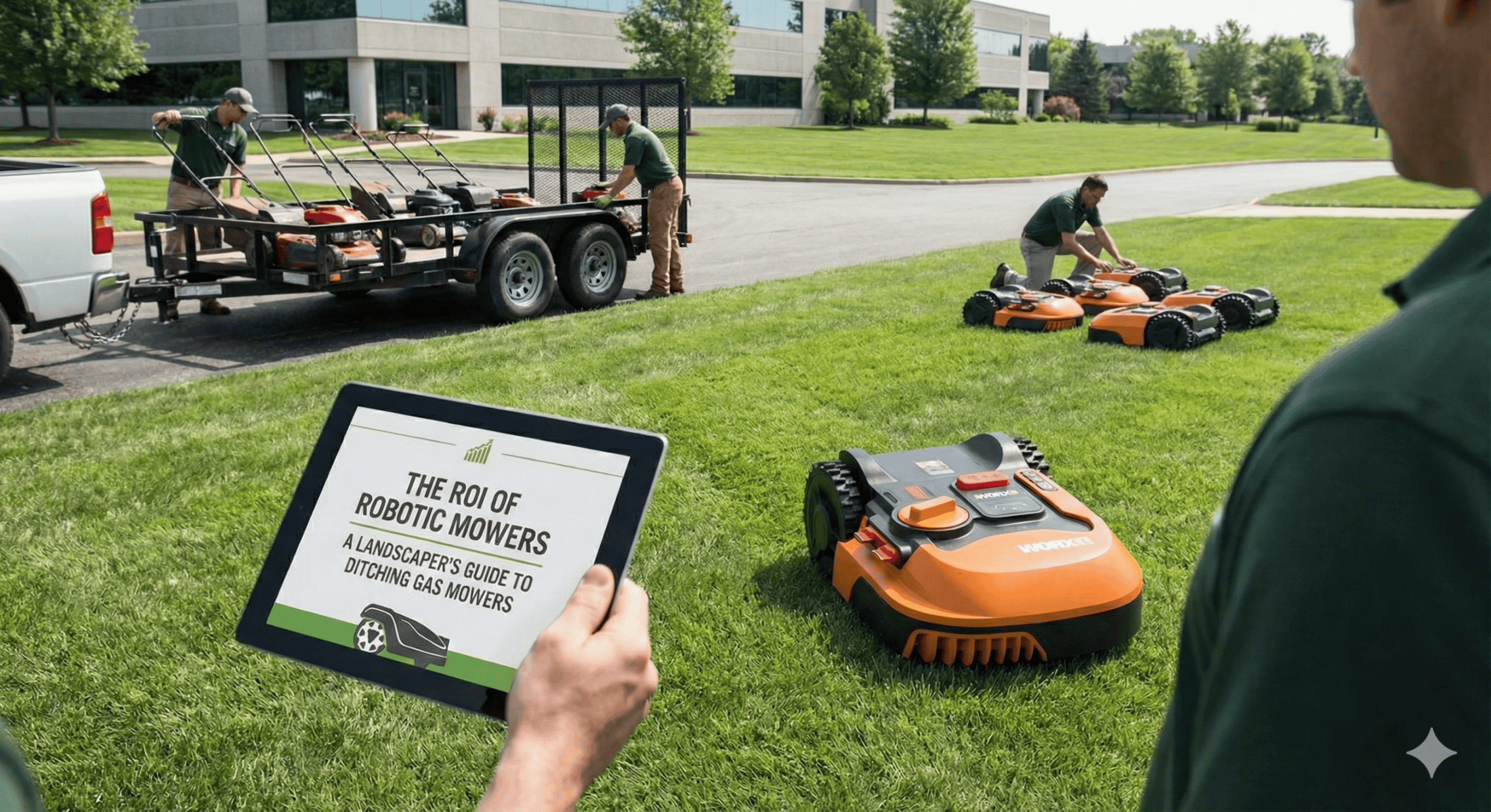 Two workers unload gas lawn mowers from a trailer as another person observes robotic mowers in action, holding a tablet titled "The ROI of Robotic Mowers: A Landscaper's Guide to Ditching Gas Mowers.