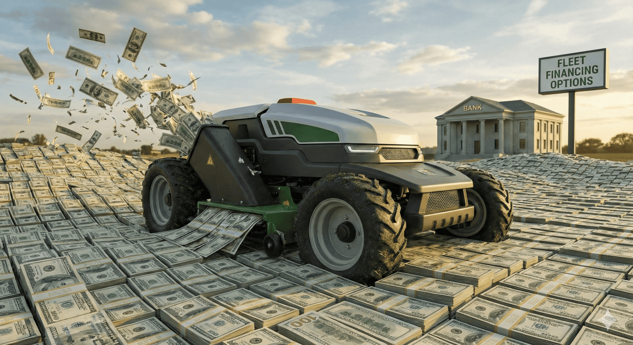 A futuristic tractor drives over a landscape made entirely of US dollar bills, with money flying around. In the background is a bank building and a sign that reads “FLEET FINANCING OPTIONS.”.