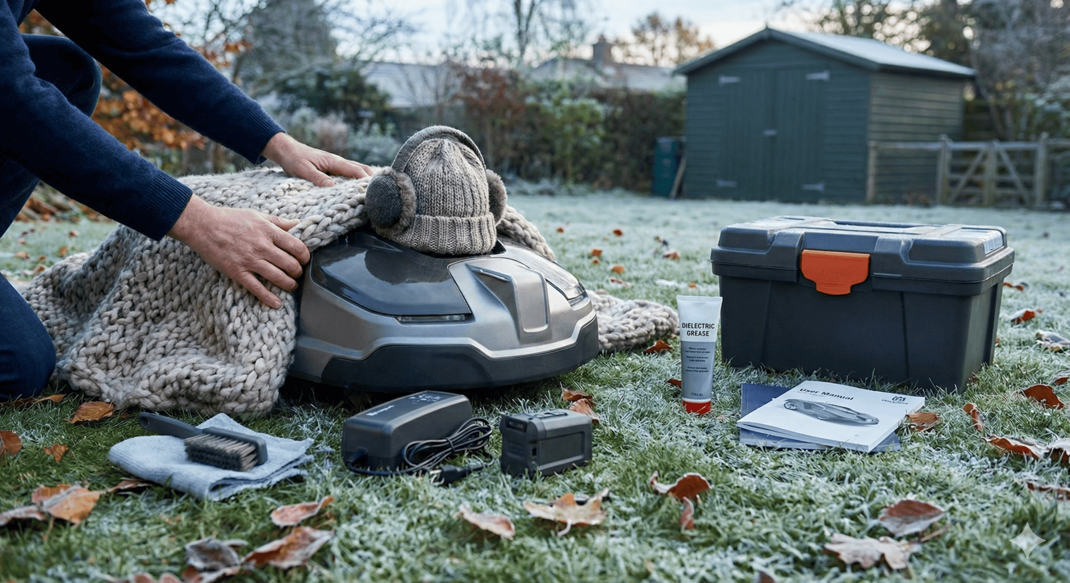 A person covers a robotic lawn mower with a knitted blanket and wool hat in a frosty garden. Nearby are a toolbox, charger, brush, manual, and a tube labeled robotic grease.