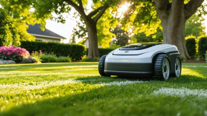 A robotic lawn mower moves across a sunlit yard with neatly cut grass, surrounded by trees, bushes, and colorful flowers on a bright day.