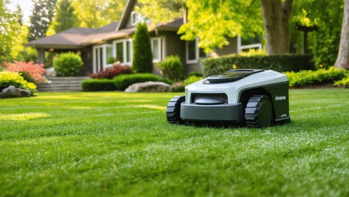 A robotic lawn mower moves across a well-manicured lawn in front of a suburban house surrounded by trees and shrubs on a sunny day.