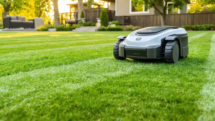 A robotic lawn mower moves across a neatly cut, green lawn in a backyard, with a modern house and patio furniture visible in the background.