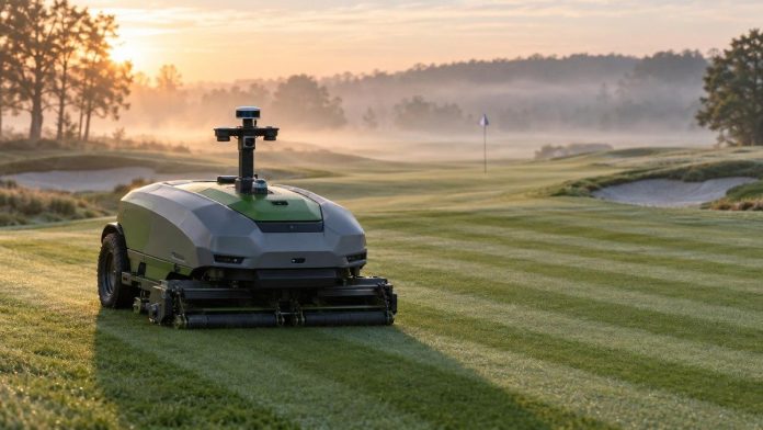 AI-generated illustration of an autonomous reel mower on a golf fairway at dawn (not a photo of the Laifeng Boulder F1)