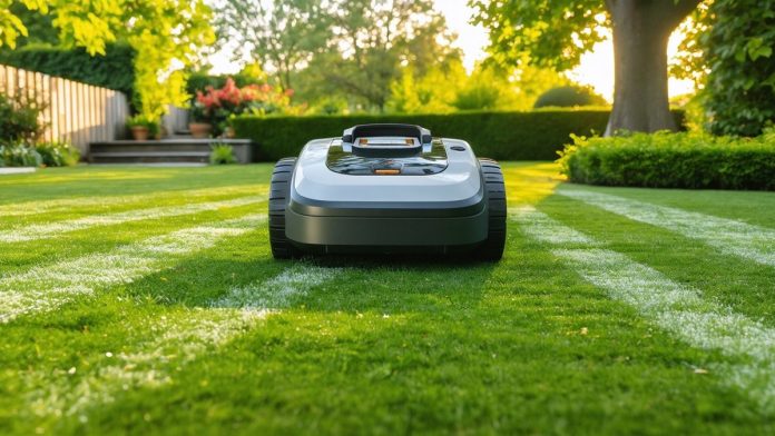 A robotic lawn mower trims green grass in a neatly landscaped backyard, leaving striped patterns as it moves. Trees, shrubs, and outdoor steps are visible in the background during daylight.