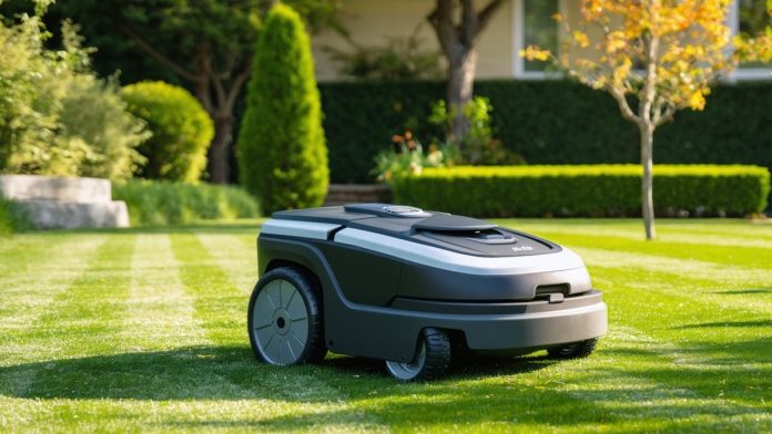 A robotic lawn mower moves across a neatly trimmed, green lawn in a landscaped garden with trees, bushes, and hedges in the background on a sunny day.