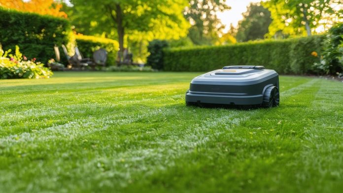 A robotic lawn mower moves across a neatly trimmed, green lawn in a sunny backyard with trees, hedges, and patio chairs in the background.
