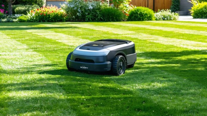 A robotic lawn mower on a neatly striped green lawn.