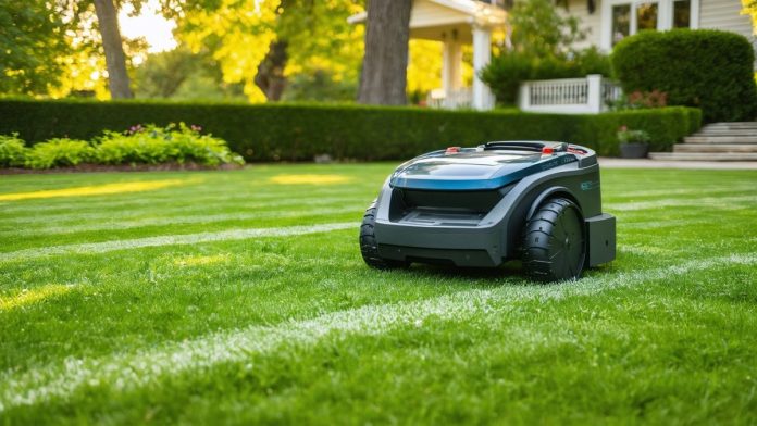 A robotic lawn mower on a freshly cut green lawn in front of a house.