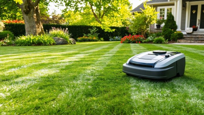 A robotic lawn mower on a neatly striped residential lawn.