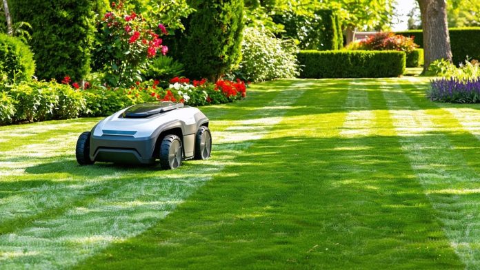 A robotic lawn mower on a neatly striped green lawn in a garden.